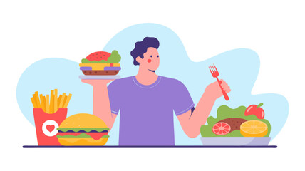 Minimalist Vector SVG Illustration of Person Eating Fast Food with Colorful Food Items in Flat Style