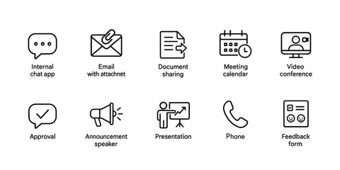 Set of black and white line icons for communication and office activities