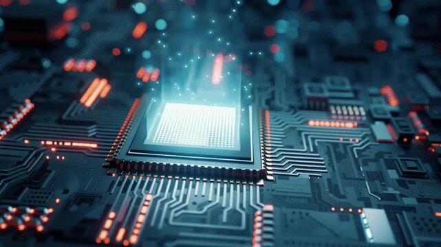 Empty AI chip socket glowing neon motherboard energy particles luminous chip. Circuit board transforms awakening. Blue-tech background, glowing hex patterns, pulsating light rays, fusion style 4k