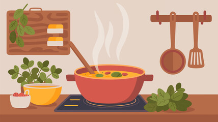 Minimalist Vector SVG Illustration of Kitchen Cooking Scene with Pot Steam Plants and Utensils in Flat Design Style