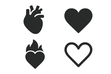 Heart icon collection. Vector set of love and health symbols. Includes anatomical human organ for medicine, simple filled shape, flaming heart for passion, and outline.