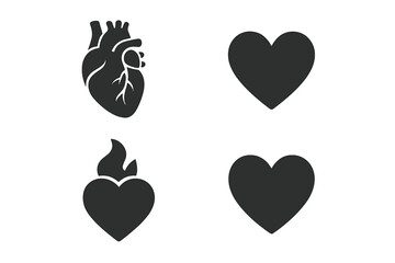 Heart icon set with anatomical and symbolic hearts. Vector collection of human organ for cardiology, stylized love symbol, sacred heart with flame for passion and romance.