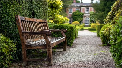 Fototapeta premium A rustic wooden bench nestled among manicured hedges, inviting serenity in a lush garden setting.