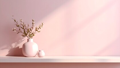 Minimal Ceramic Figurine on Pastel Blush Shelf with Smooth Backdrop and Soft Spotlight
