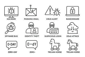 Fototapeta premium Set of black and white line art icons depicting cybersecurity threats and issues