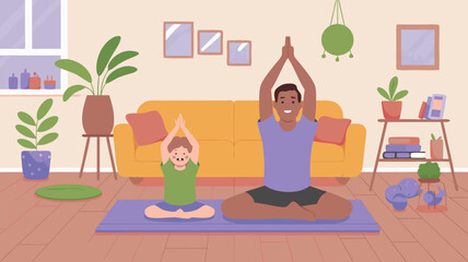 Minimalist Vector SVG Illustration of a Family Yoga Pose with Man and Child on Mat in Modern Flat Style with Bright Colors