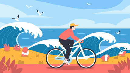 Minimalist Vector SVG Illustration of Man Cycling on Beach with Waves and Birds in Flat Style with Blue and Coral Colors