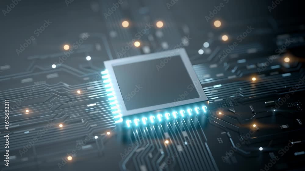 Poster isometric illustration showcasing ai chip processor with intricate circuit design and glowing detail