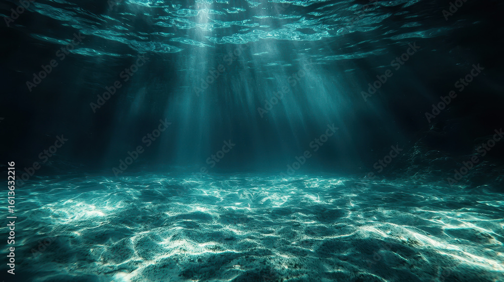 Poster mysterious twilight ocean zone illuminated by bioluminescent creatures and soft light rays