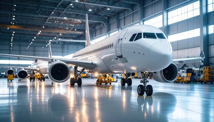 A modern passenger airplane is parked inside a spacious, well-lit aircraft hangar for maintenance.