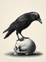 Vintage Crow Perched on Skull Etching Illustration