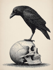 Side Profile of Crow on Human Skull Vintage Artwork