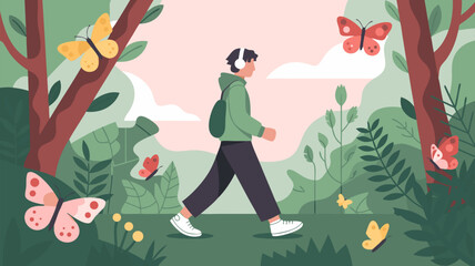 Illustration Vector SVG of Person Walking in Nature with Butterflies in Flat Modern Style