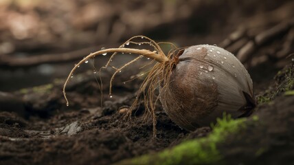 coconut growing area A close-up of a seedling with delicate roots emerging from a textured, earthy surface.