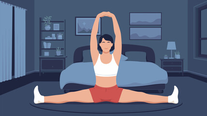 Minimalist Vector SVG Illustration of Woman Stretching in Bedroom with Flat Design Style and Blue Color Palette