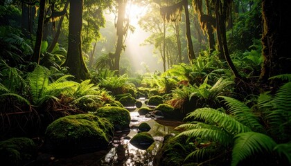 Fototapeta premium Lush green rainforest with sunlight streaming through trees, mossy rocks, and a serene stream winding through vibrant ferns.