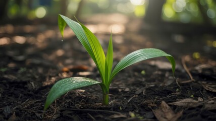 coconut growing area A small plant emerges from dark soil, illuminated by soft, natural light.