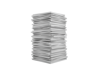 A towering, disorganized stack of transparent paper documents with wavy, rippled edges and papers askew, against a clean white studio background with copy space and professional lighting, no shadows,