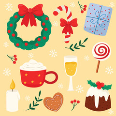 Christmas holiday elements vector set with wreath, candy cane, gift box, hot chocolate, candle, gingerbread, pudding, champagne, lollipop, and snowflakes in flat design