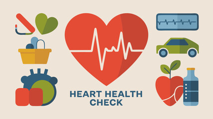 Vector SVG Icon Set of Heart Health Monitoring Symbols in Flat Design Style with Red Green Blue Colors