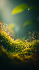 Sunlit Moss and Mushrooms in a Dreamy Forest Closeup