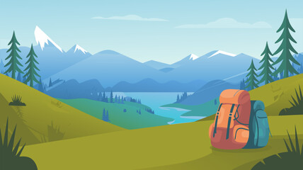 Vector SVG Illustration of Mountain Landscape with Backpack in Modern Flat Style Featuring Blue and Green Colors