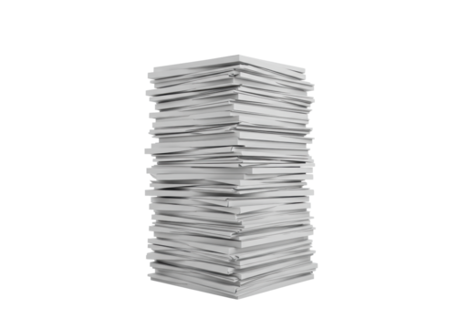 A towering, disorganized stack of transparent paper documents with wavy, rippled edges and papers askew, against a clean white studio background with copy space and professional lighting, no shadows,