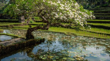 Obraz premium Lush tree over tranquil rice paddies