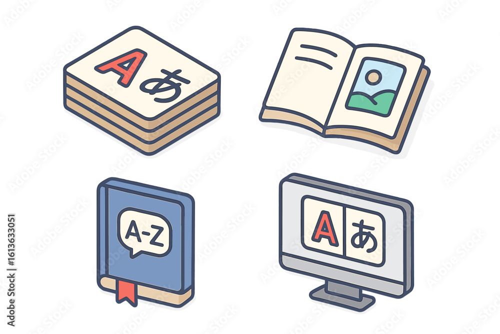 Poster isometric icons for language learning. vector set with flashcards, dictionary, and computer for e-le