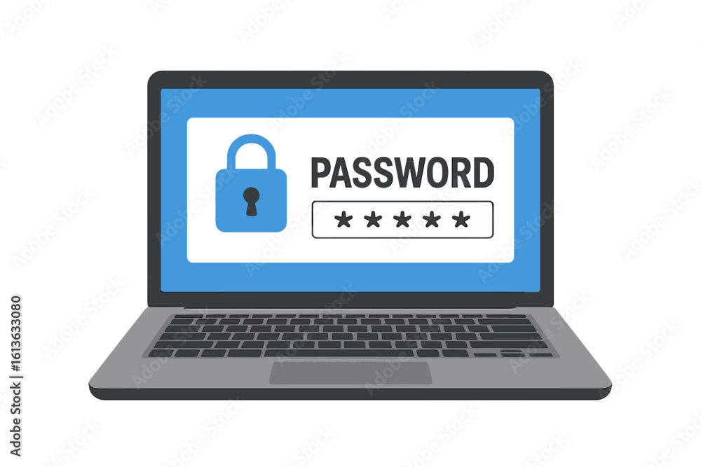 Poster laptop computer with password login screen and lock icon. cybersecurity, data protection, privacy co