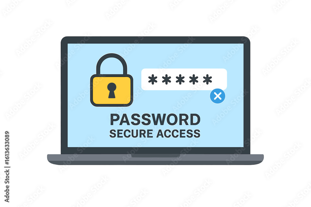 Poster laptop with password secure access. login screen authentication and account protection. cybersecurit