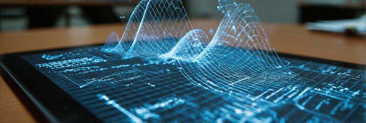 Math Graphs Project in 3D Above Tablet Screen During Tech Classroom Lesson