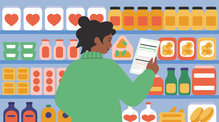 Vector Minimalist SVG Icon Set with Female Shopper Holding Shopping List and Grocery Shelves Illustration in Flat Design Style