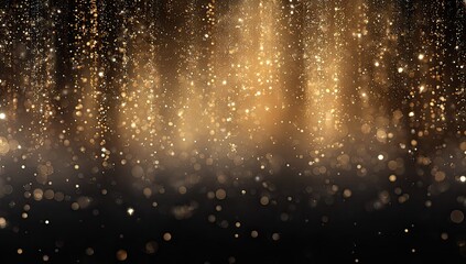 Golden glitter particles cascading on a dark background