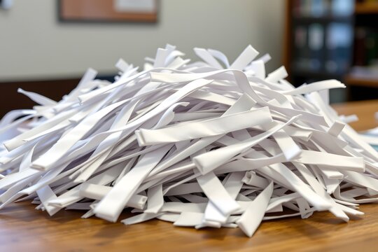 Shredded Paper Pile: A close-up shot captures the meticulous aftermath of secure document disposal, showcasing a pile of shredded paper strips on a wooden desk.