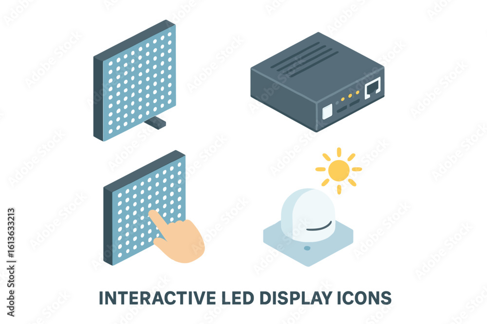 Poster isometric icon set of interactive led display technology. includes led wall panel, touch screen inte
