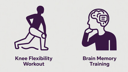 Purple character action icon, representing knee joint flexibility exercise and brain memory training, used for joint maintenance and cognitive enhancement scenarios.