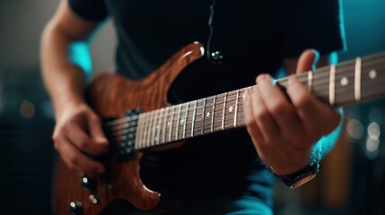 Close-up of caucasian male young adult playing electric guitar in studio.