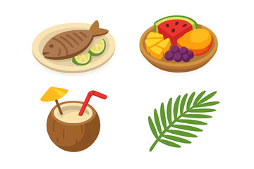 Island cuisine isometric icon set. Tropical food vector collection with grilled fish, exotic fruit platter, coconut drink, and palm leaf for summer vacation concepts.