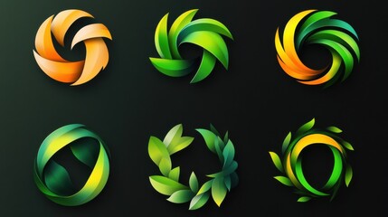 Six abstract logos featuring swirling leaf shapes in vibrant colors