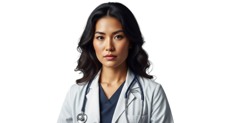 Asian female doctor wearing lab coat and stethoscope isolated on transparent background