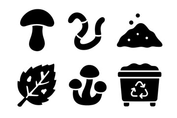 Leaf decay and composting icon set. Solid glyphs of mushroom, earthworm, soil, fungus, leaf mold, and compost bin. Organic recycling vector illustration for eco concepts.