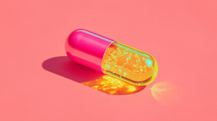 vitamin D capsule with glossy surface on colorful vibrant background &mdash; ideal for supplement branding, healthcare advertising, or pharmaceutical product packaging design