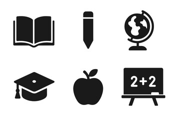 Education solid glyph icon set. School, learning, and university symbols. Vector collection of study elements like book, pencil, globe, graduation cap, and knowledge.
