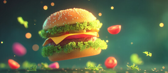 colorful 3d burger floating in mid-air surrounded by glowing herbs and flowers — perfect for food advertising, restaurant promotions, or playful digital menus