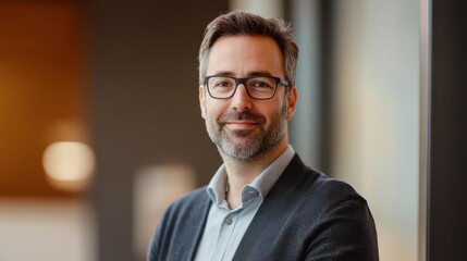 Middle-aged Caucasian man in glasses at modern office