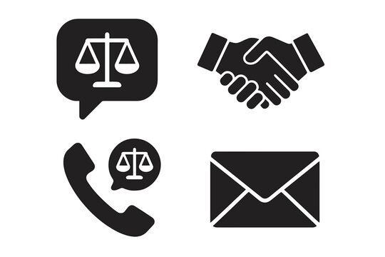 Legal communication solid glyph icons set. Lawyer consultation, attorney contact, justice concept symbols. Law firm support icons: handshake deal, legal advice chat, email. - Powered by Adobe
