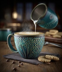 Teal ceramic coffee mug, milk being poured