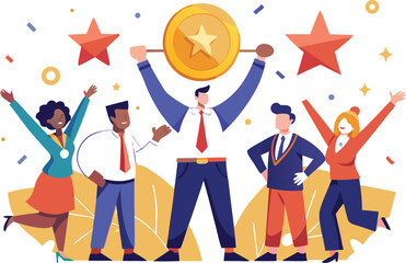 Business Team Celebrating Success with Leader Holding a Large Coin Overhead