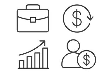 Business and finance icon set in thin line style. Vector symbols for portfolio, cash flow, investment growth, profit analysis, and employee salary. Editable stroke graphics.